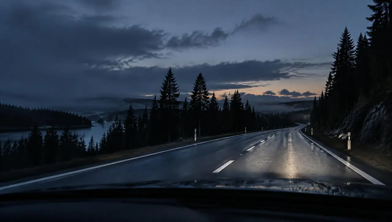 Våt svensk landsväg i skymning
