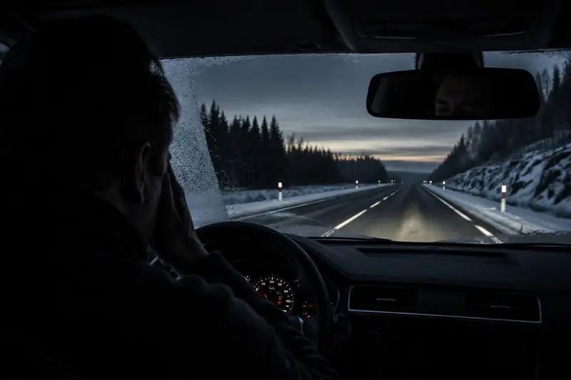 Trött förare på svensk vinterväg före gryningen