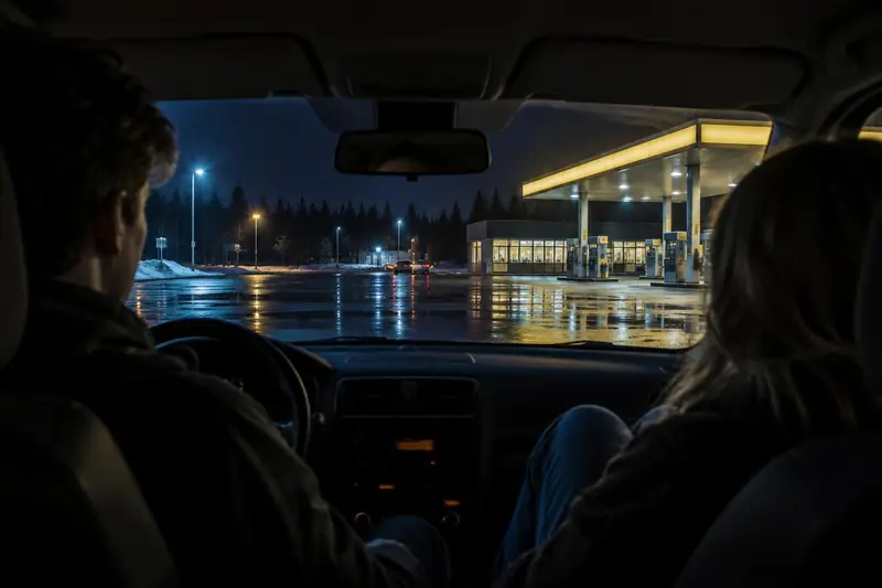 Bil parkerad vid en svensk bensinstation på natten